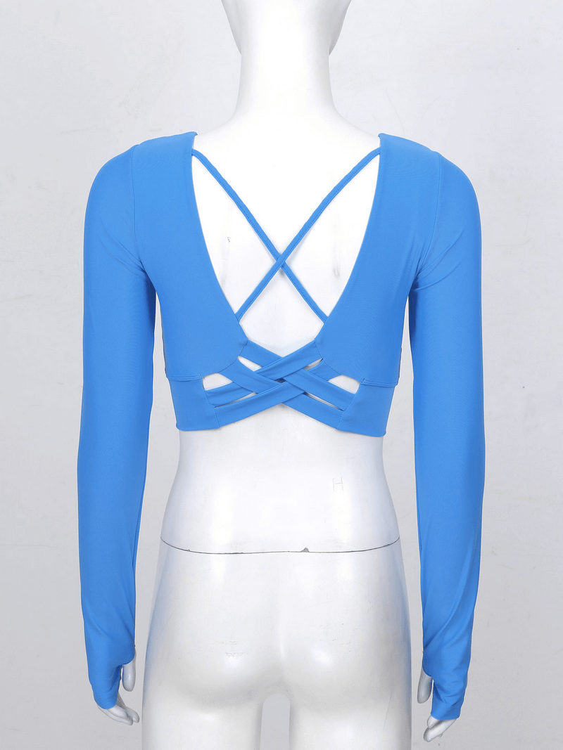 Back view of blue sports seamless long sleeves cropped top with back cross strappy design, perfect for an active lifestyle.